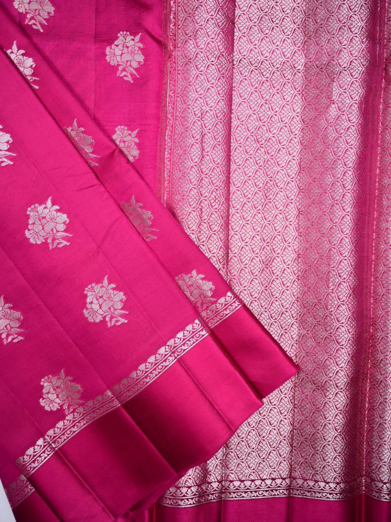 Raw mango pattu saree rose pink color allover zari motifs & small kaddi border with short pallu and contrast blouse