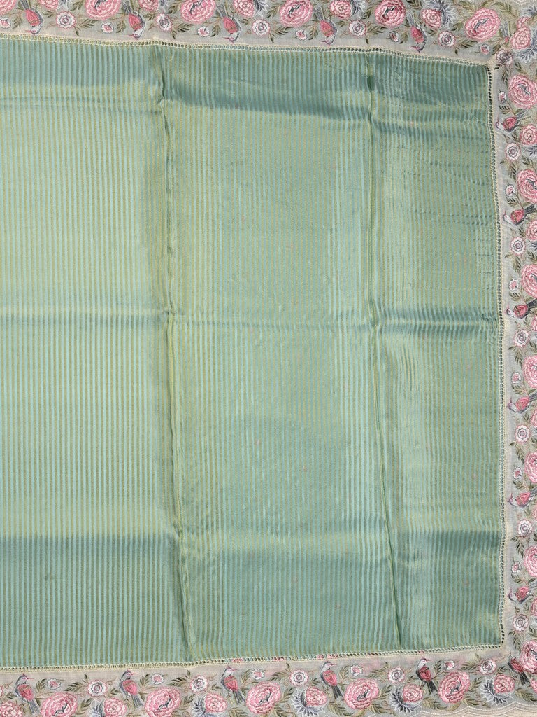 Dola tissue fancy saree lux green color allover stripes & designer fancy border with running pallu and embroidery blouse