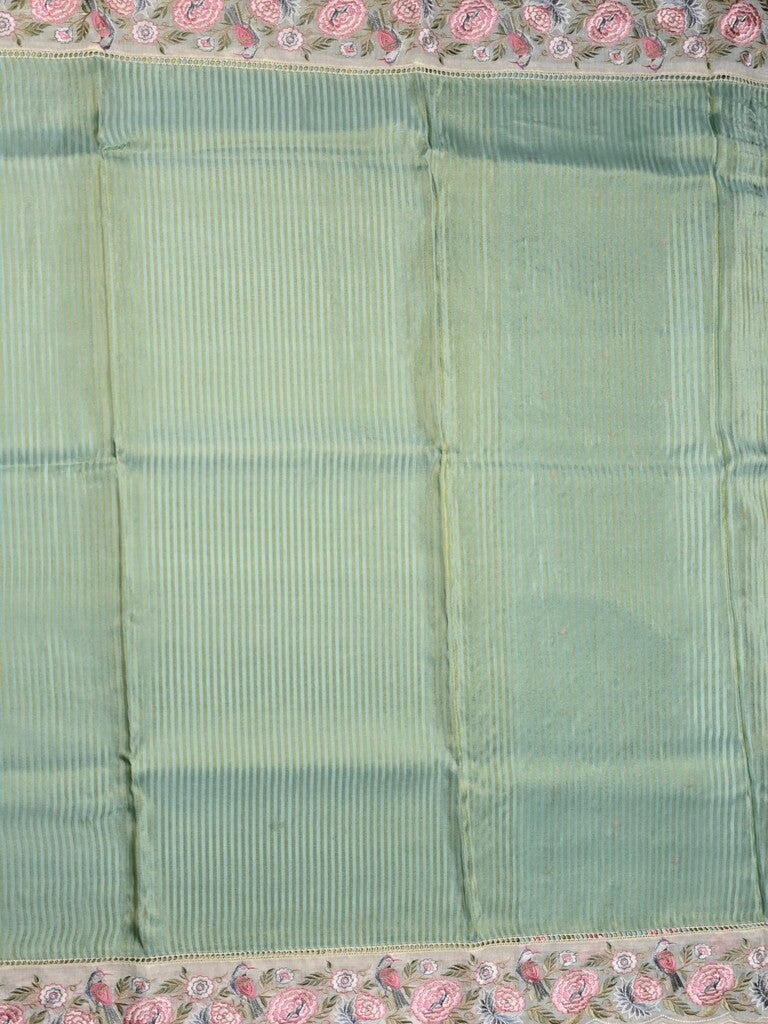Dola tissue fancy saree lux green color allover stripes & designer fancy border with running pallu and embroidery blouse