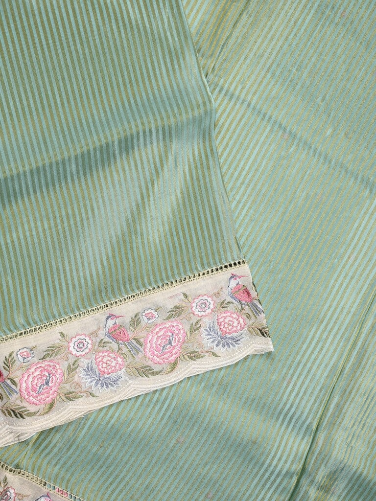 Dola tissue fancy saree lux green color allover stripes & designer fancy border with running pallu and embroidery blouse