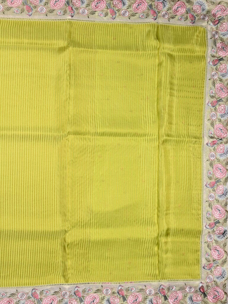 Dola tissue fancy saree parrot green color allover stripes & designer fancy border with running pallu and embroidery blouse