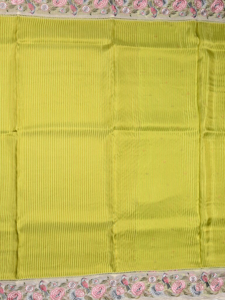 Dola tissue fancy saree parrot green color allover stripes & designer fancy border with running pallu and embroidery blouse