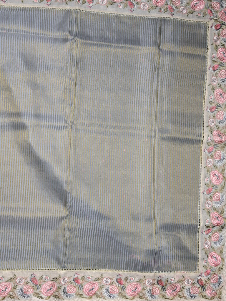 Dola tissue fancy saree grey color allover stripes & designer fancy border with running pallu and embroidery blouse