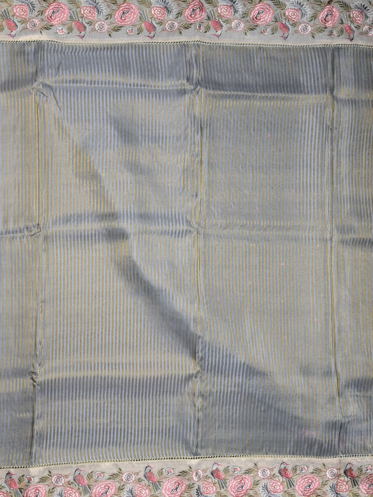 Dola tissue fancy saree grey color allover stripes & designer fancy border with running pallu and embroidery blouse