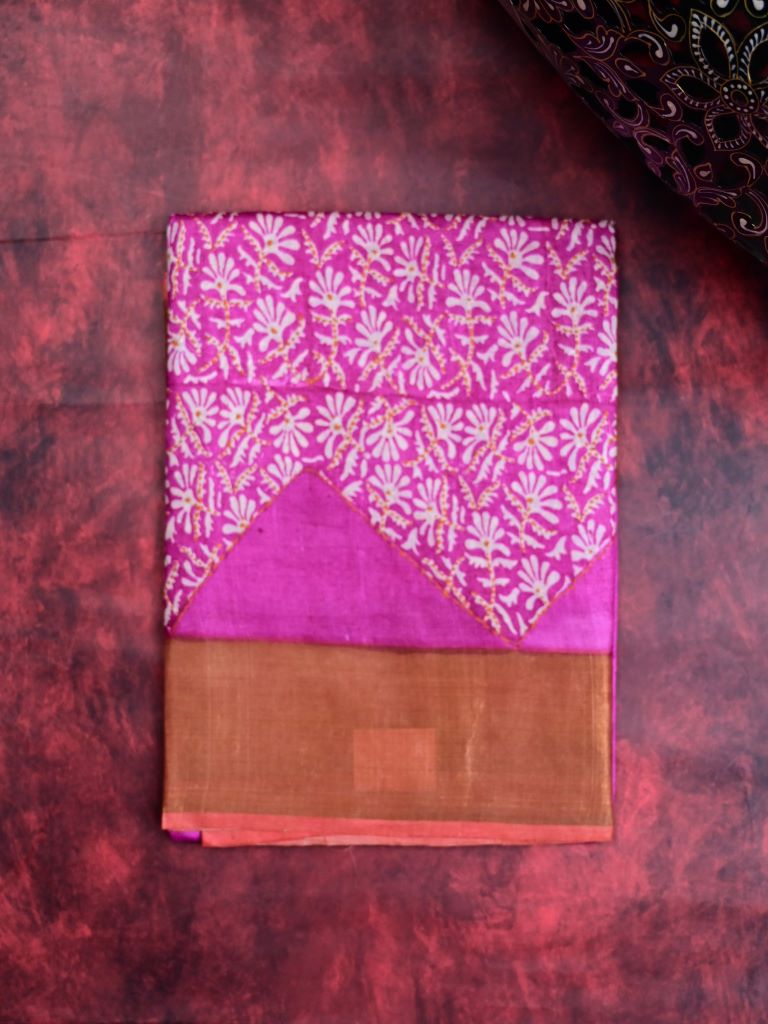 Tussar fancy saree purple color allover prints & with small kaddi border with printed pallu and plain blouse