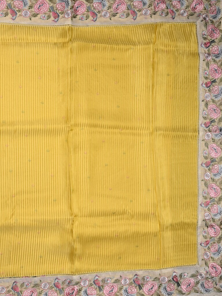 Dola tissue fancy saree yellow color allover stripes & designer fancy border with running pallu and embroidery blouse