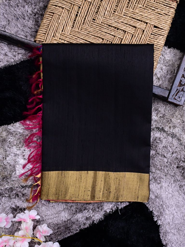 Raw silk pattu saree black color allover plain & small zari border with contrast ikkath pallu and ikkath blouse