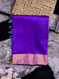 Raw silk pattu saree royal blue color allover plain & small zari border with contrast ikkath pallu and ikkath blouse