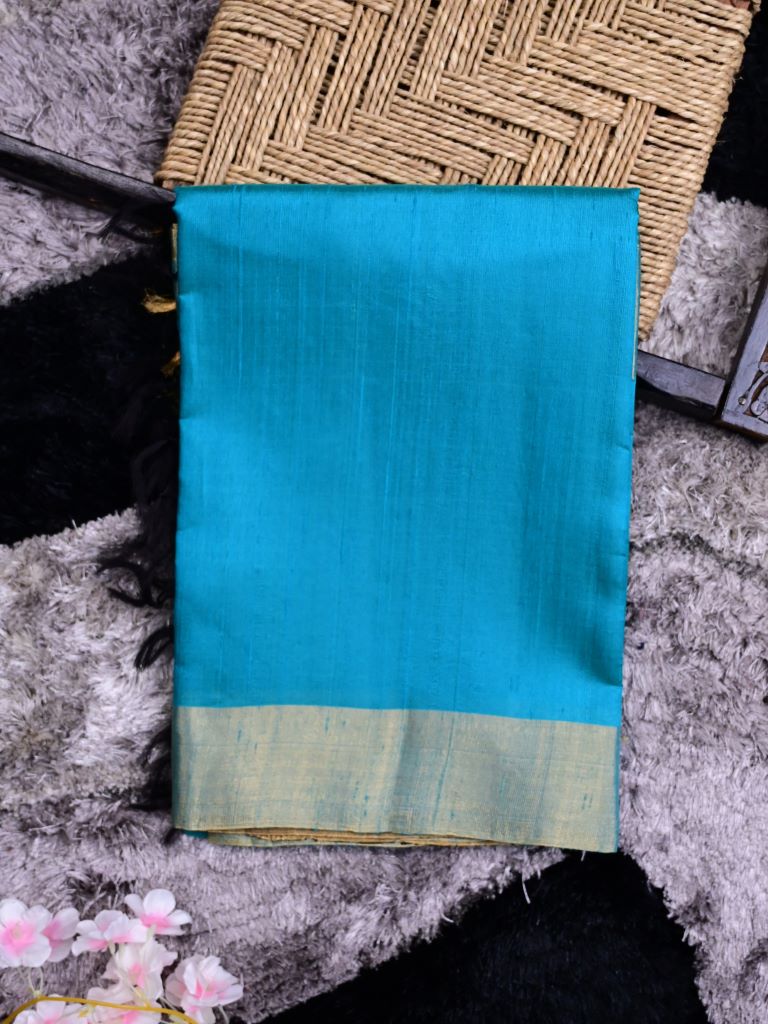 Raw silk pattu saree sky blue color allover plain & small zari border with contrast ikkath pallu and ikkath blouse