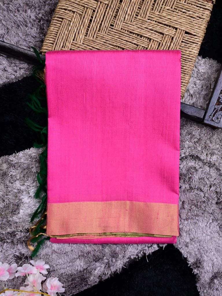 Raw silk pattu saree rose pink color allover plain & small zari border with contrast ikkath pallu and ikkath blouse