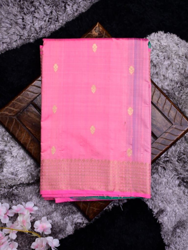 Raw silk pattu saree baby pink color allover zari motifs & zari border with contrast plain pallu and plain blouse