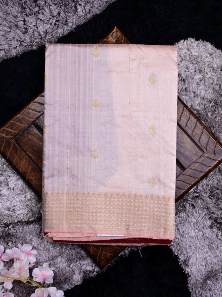 Raw silk pattu saree peach color allover zari motifs & zari border with contrast plain pallu and plain blouse