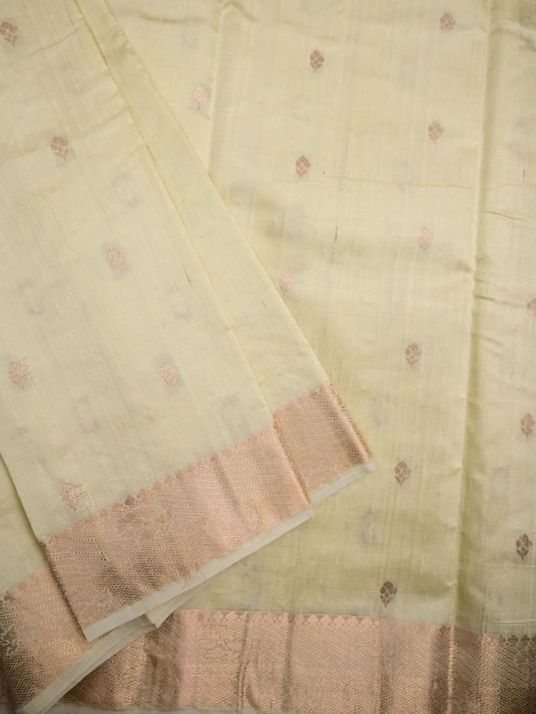 Raw silk pattu saree cream color allover zari motifs & zari border with contrast plain pallu and plain blouse