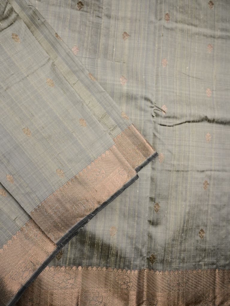 Raw silk pattu saree grey color allover zari motifs & zari border with contrast plain pallu and plain blouse