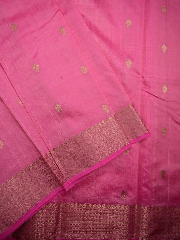 Raw silk pattu saree baby pink color allover zari motifs & zari border with contrast plain pallu and plain blouse