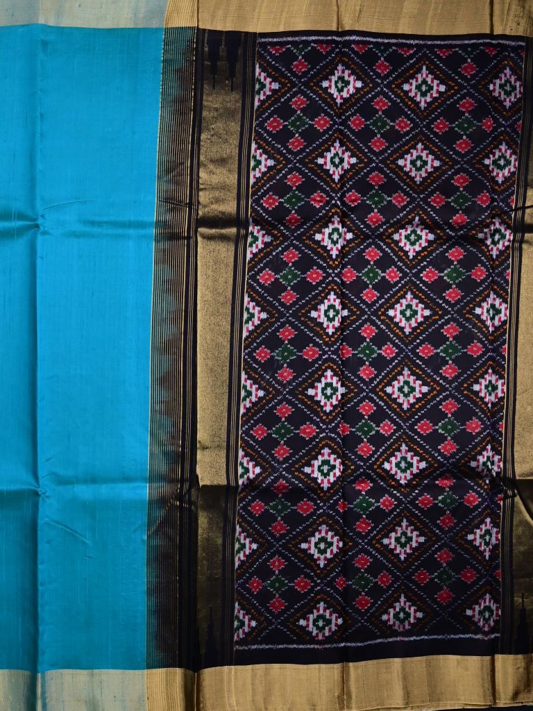 Raw silk pattu saree sky blue color allover plain & small zari border with contrast ikkath pallu and ikkath blouse