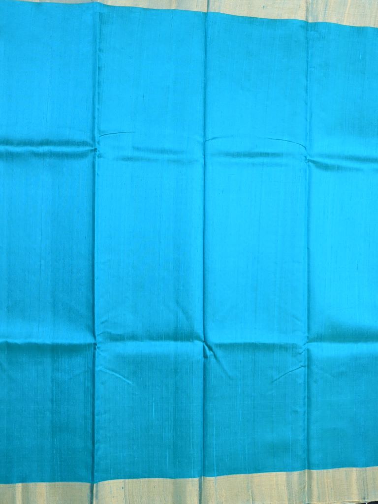 Raw silk pattu saree sky blue color allover plain & small zari border with contrast ikkath pallu and ikkath blouse