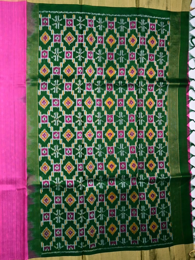 Raw silk pattu saree rose pink color allover plain & small zari border with contrast ikkath pallu and ikkath blouse