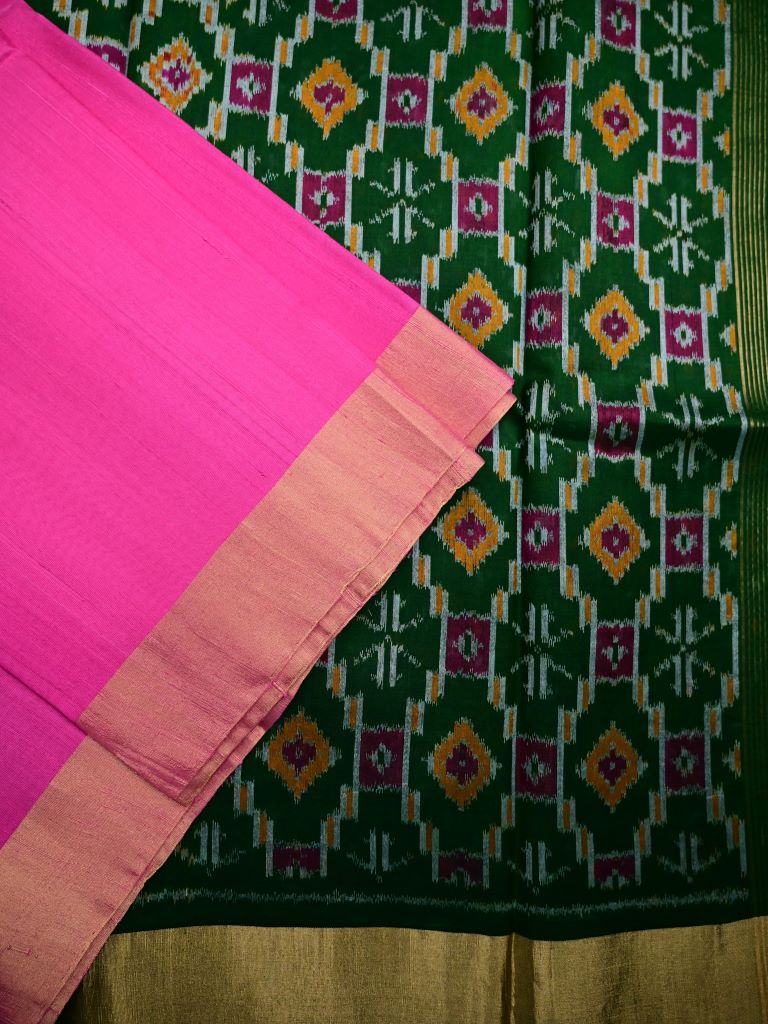 Raw silk pattu saree rose pink color allover plain & small zari border with contrast ikkath pallu and ikkath blouse