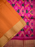 Raw silk pattu saree golden yellow color allover plain & small zari border with contrast ikkath pallu and ikkath blouse