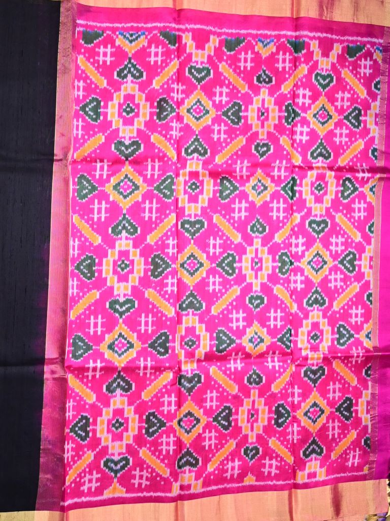 Raw silk pattu saree black color allover plain & small zari border with contrast ikkath pallu and ikkath blouse