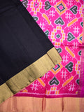 Raw silk pattu saree black color allover plain & small zari border with contrast ikkath pallu and ikkath blouse