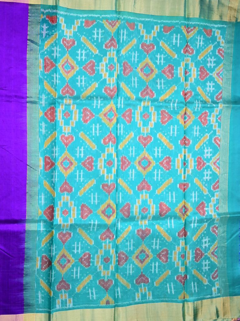 Raw silk pattu saree royal blue color allover plain & small zari border with contrast ikkath pallu and ikkath blouse