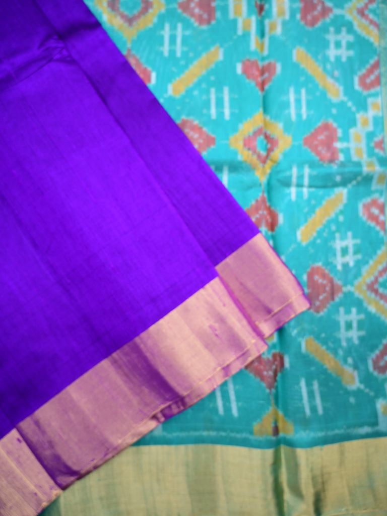 Raw silk pattu saree royal blue color allover plain & small zari border with contrast ikkath pallu and ikkath blouse