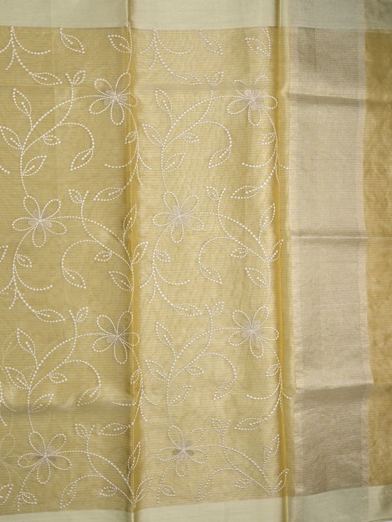 Organza tissue fancy saree beige color allover weaves & small kaddi border with short pallu and plain blouse