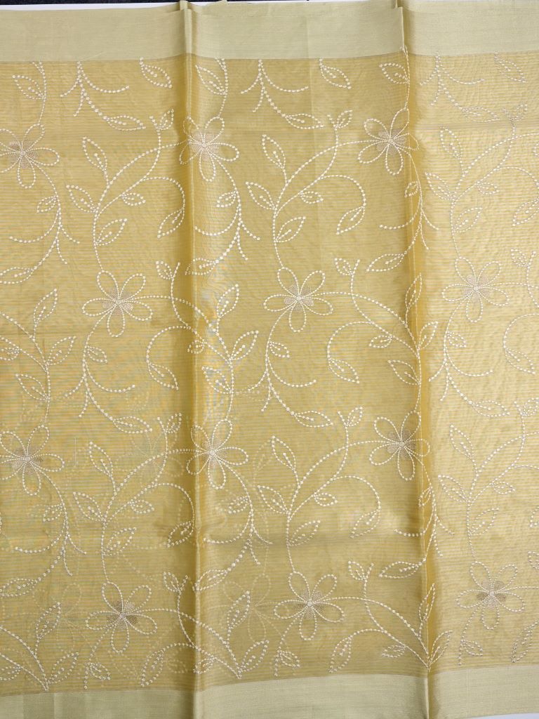 Organza tissue fancy saree beige color allover weaves & small kaddi border with short pallu and plain blouse