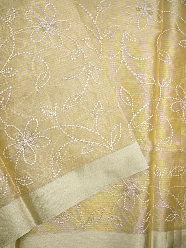 Organza tissue fancy saree beige color allover weaves & small kaddi border with short pallu and plain blouse