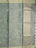 Organza tissue fancy saree grey color allover weaves & small kaddi border with short pallu and plain blouse