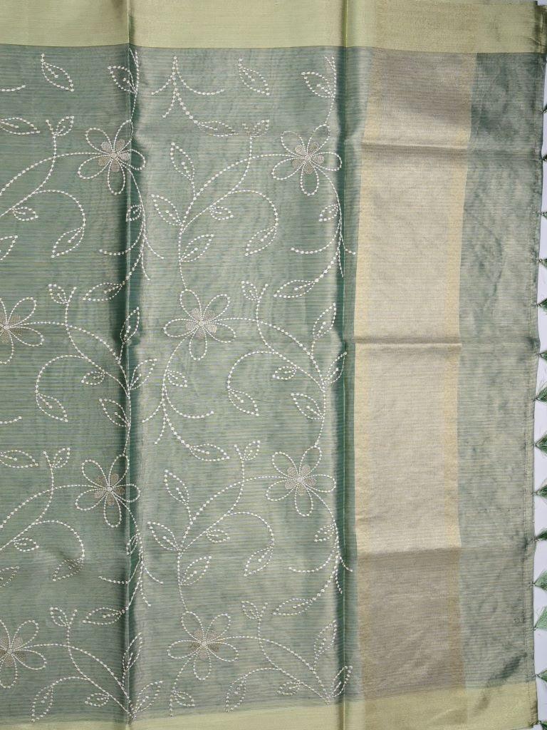 Organza tissue fancy saree grey color allover weaves & small kaddi border with short pallu and plain blouse