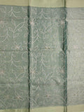 Organza tissue fancy saree grey color allover weaves & small kaddi border with short pallu and plain blouse