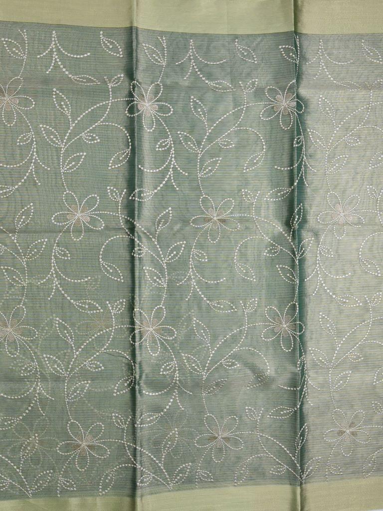 Organza tissue fancy saree grey color allover weaves & small kaddi border with short pallu and plain blouse