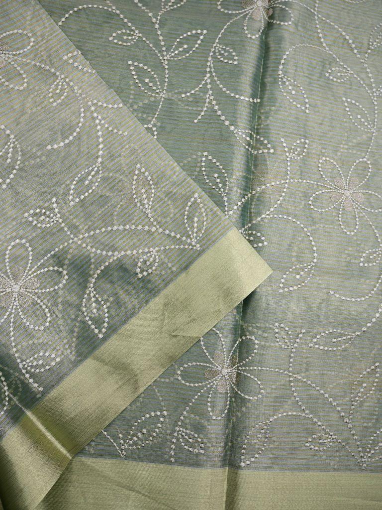 Organza tissue fancy saree grey color allover weaves & small kaddi border with short pallu and plain blouse