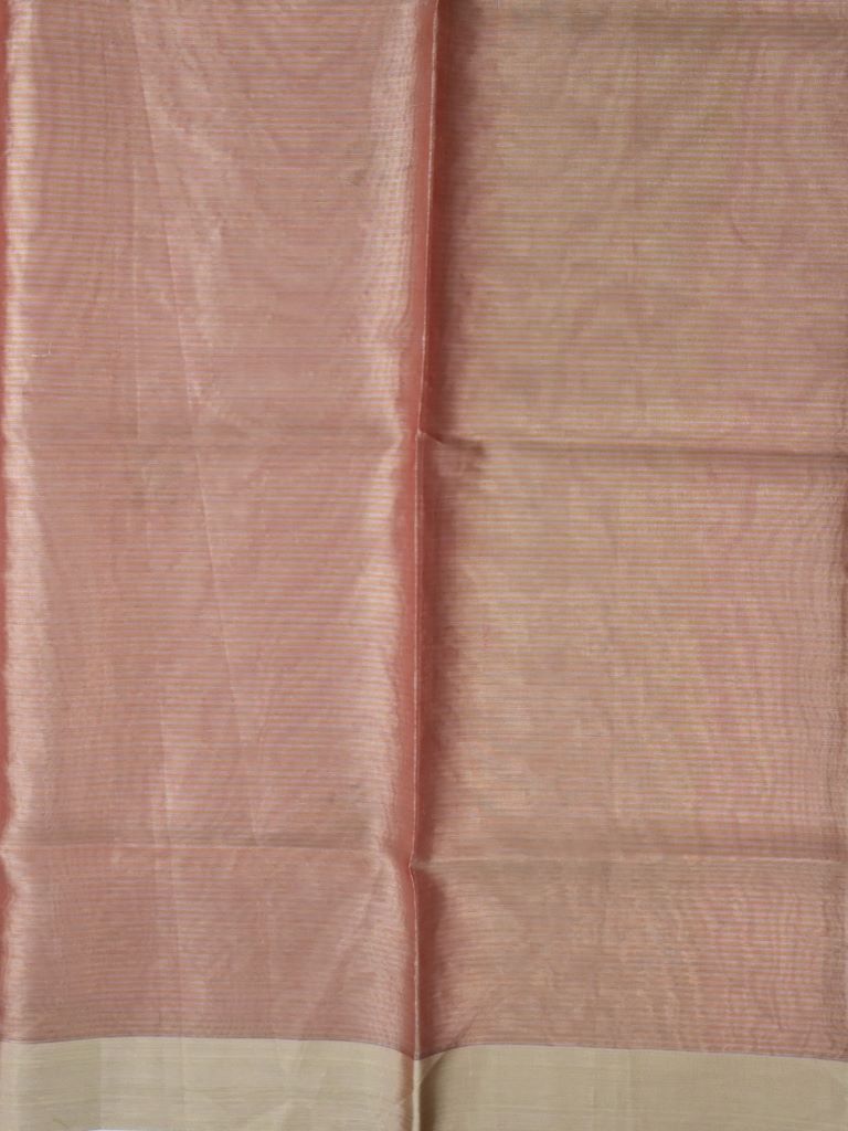 Organza tissue fancy saree peach color allover weaves & small kaddi border with short pallu and plain blouse