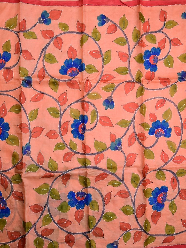 Tussar fancy saree peach color allover prints & with small kaddi border with printed pallu and plain blouse