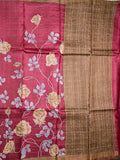 Tussar fancy saree maroon color allover prints & with small kaddi border with printed pallu and plain blouse