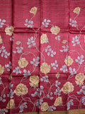 Tussar fancy saree maroon color allover prints & with small kaddi border with printed pallu and plain blouse