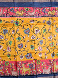 Tussar fancy saree yellow color allover prints & with small kaddi border with printed pallu and plain blouse