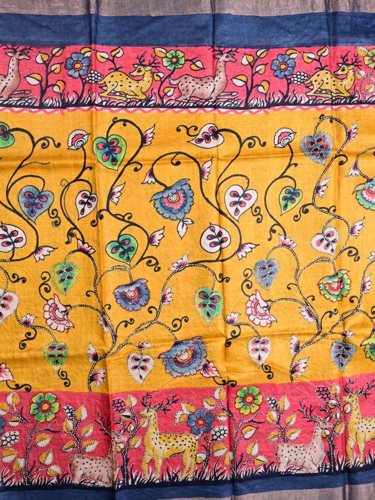 Tussar fancy saree yellow color allover prints & with small kaddi border with printed pallu and plain blouse