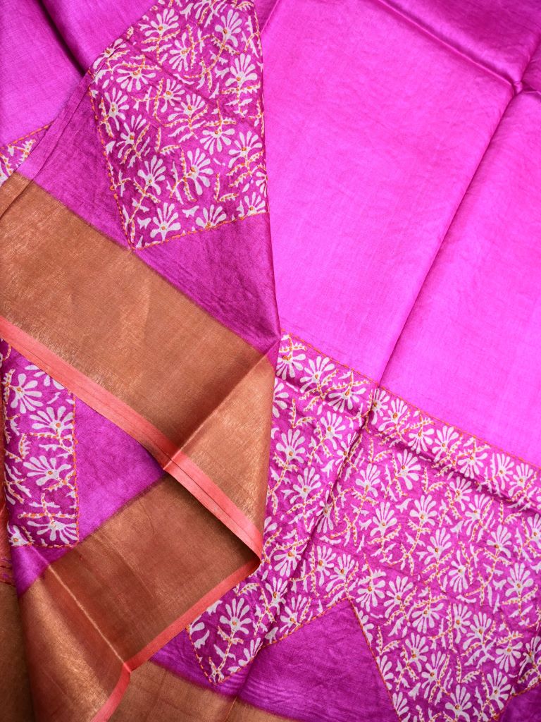 Tussar fancy saree purple color allover prints & with small kaddi border with printed pallu and plain blouse