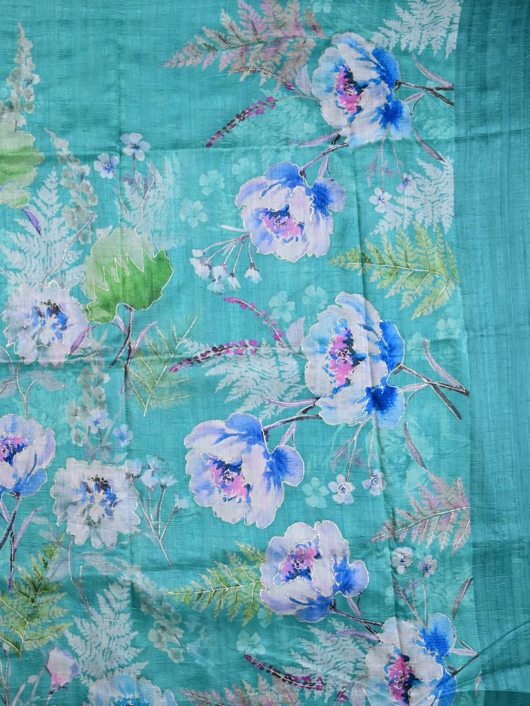 Tussar fancy saree sky blue color allover digital prints & small kaddi border with printed pallu and contrast plain blouse