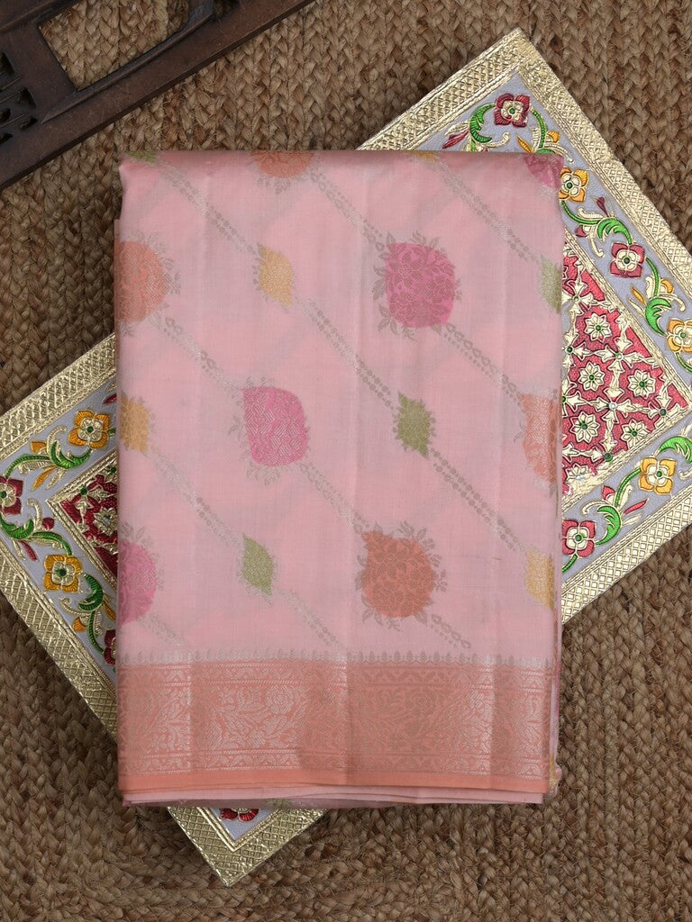 Raw mango pattu saree light peach color allover zari weaves & zari border with rich pallu and attached plain blouse