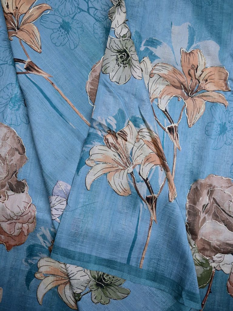 Tussar fancy saree sea blue color allover digital prints & small kaddi border with printed pallu and contrast plain blouse