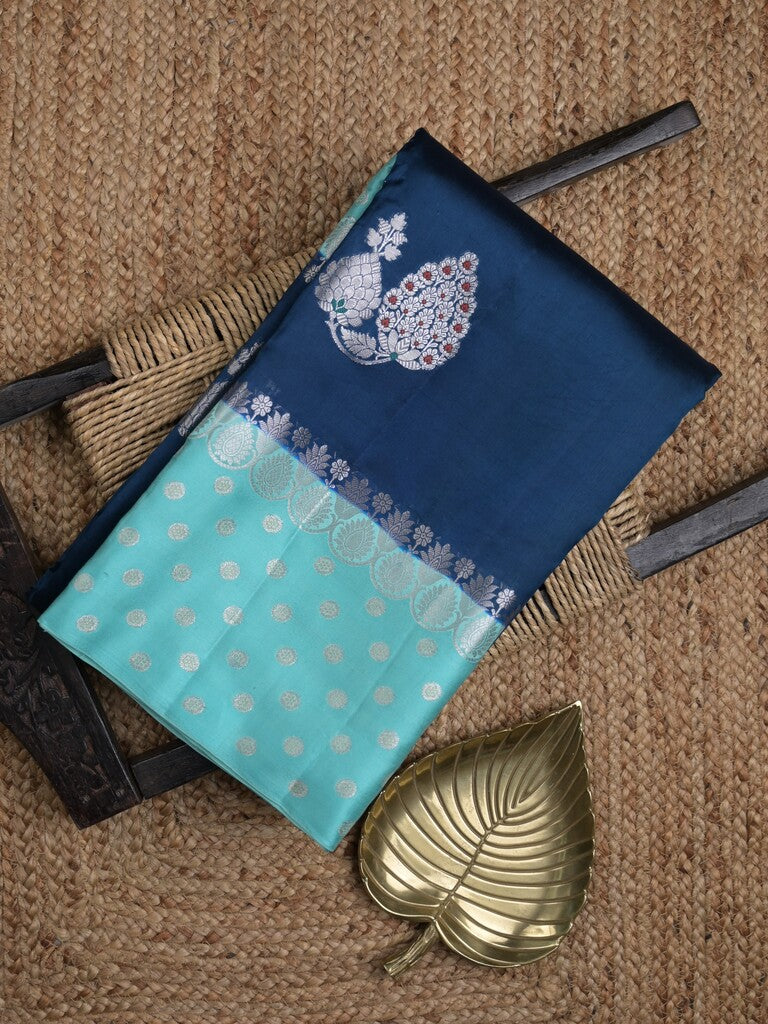 Chiniya pattu saree navy blue color allover zari weaves & zari border with brocade pallu and attached contrast blouse