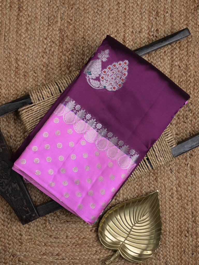 Chiniya pattu saree wine color allover zari weaves & zari border with brocade pallu and attached contrast blouse