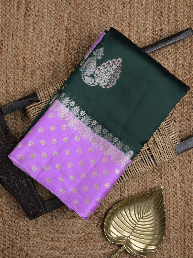 Chiniya pattu saree dark green color allover zari weaves & zari border with brocade pallu and attached contrast blouse