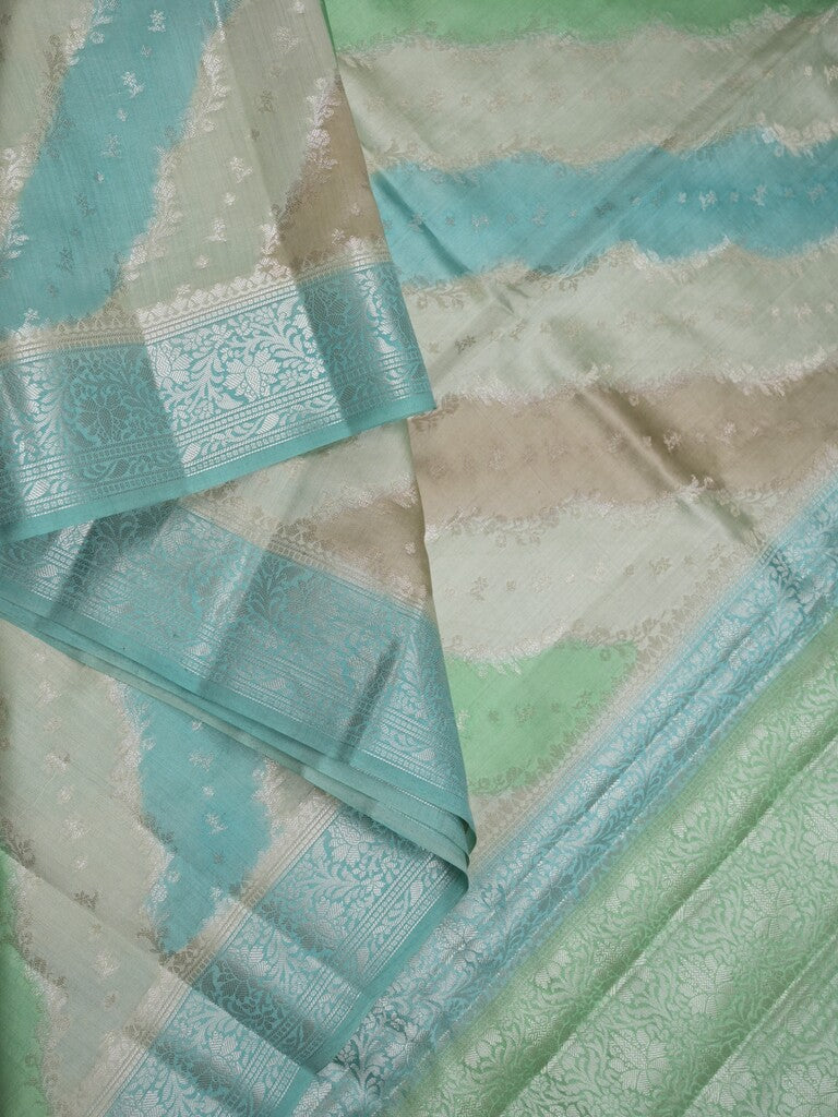 Raw mango pattu saree light blue color allover zari weaves & zari border with rich pallu and attached plain blouse